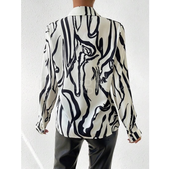 Abstract Print Button Down Collared Long Sleeve Dress Shirt Top Black Off White - Picture 3 of 8